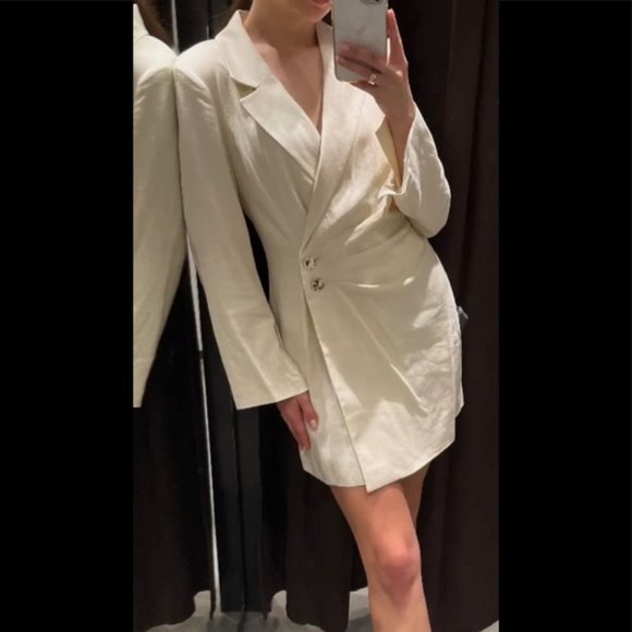 NEW ZARA LINEN BLEND BLAZER DRESS PLEAT BEIGE OFF WHITE IVORY 7875/939 SZ S - Picture 10 of 15